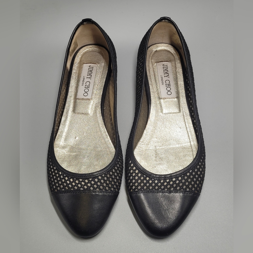 Jimmy Choo Black Mesh Ballerina Flats Women 7 Euro Sz 37.5 Elegant Chic
